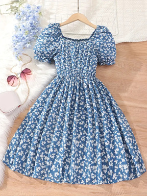 Gen Alfa Girls Midi/Knee Length Party Dress(Blue, Short Sleeve)