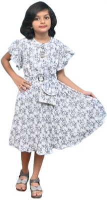 tashmis Indi Girls Midi/Knee Length Casual Dress(White, Half Sleeve)