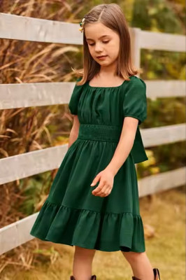 Klowvila Fashion Girls Midi/Knee Length Casual Dress(Dark Green, Short Sleeve)