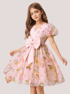 RADHE ENTERPRISE Baby Girls Midi/Knee Length Casual Dress(Pink, Short Sleeve)