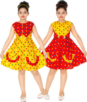 YOUNGSTAR FC Girls Above Knee Casual Dress(Yellow, Sleeveless)