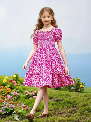 BAJRANG CREATION Indi Girls Mini/Short Casual Dress(Pink, White, Cap Sleeve)