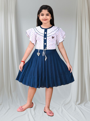 EMIYX Girls Midi/Knee Length Casual Dress(Blue, Short Sleeve)