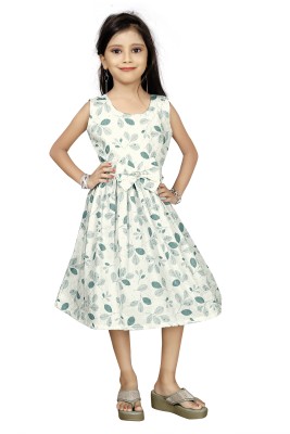 VARDA CREATION Girls Midi/Knee Length Casual Dress(White, Sleeveless)