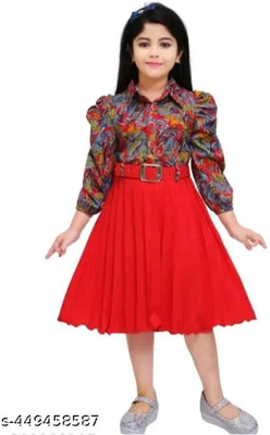 BADAenterprises Indi Girls Below Knee Party Dress(Red, 3/4 Sleeve)