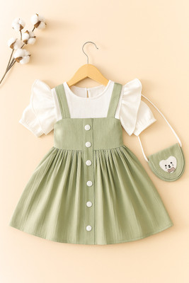 SCARFHAVEN Girls Midi/Knee Length Festive/Wedding Dress(Green, White, Short Sleeve)