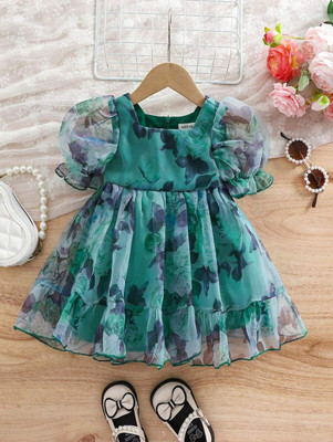 Gen Alfa Baby Girls Midi/Knee Length Party Dress(Green, Short Sleeve)
