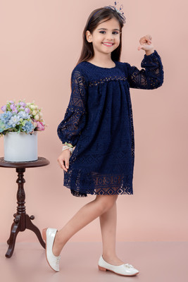 TAILORWOMEN Girls Midi/Knee Length Party Dress(Dark Blue, Full Sleeve)