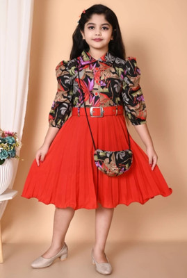 ZARTAJ Girls Midi/Knee Length Party Dress(Red, 3/4 Sleeve)