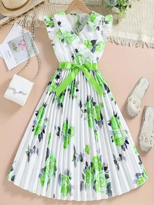 WHITEWORLD Girls Midi/Knee Length Casual Dress(Light Green, Sleeveless)