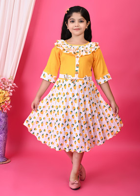Nihad Fashion Girls Midi/Knee Length Festive/Wedding Dress(Yellow, White, 3/4 Sleeve)