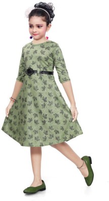 Sagun Dresses Indi Baby Girls Midi/Knee Length Casual Dress(Green, 3/4 Sleeve)