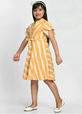 Attiris Indi Girls Midi/Knee Length Casual Dress(Yellow, Short Sleeve)