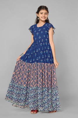 Mirrow Trade Girls Maxi/Full Length Festive/Wedding Dress(Dark Blue, Short Sleeve)