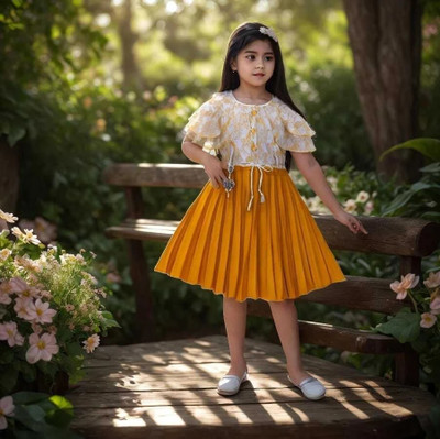 KidsCute Girls Midi/Knee Length Casual Dress(Yellow, Fashion Sleeve)