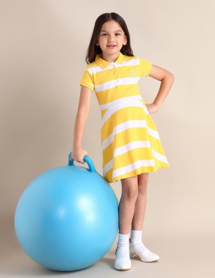 U.S. POLO ASSN. Girls Midi/Knee Length Casual Dress(Yellow, Short Sleeve)