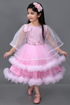 PN fashion Girls Below Knee Festive/Wedding Dress(Pink, Fashion Sleeve)