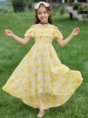 Yk Girls Maxi/Full Length Party Dress(Yellow, Short Sleeve)