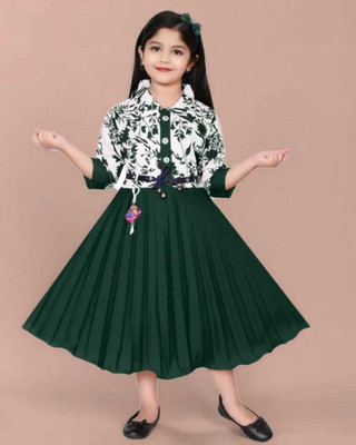 KidsCute Baby Girls Calf Length Casual Dress(Dark Green, 3/4 Sleeve)