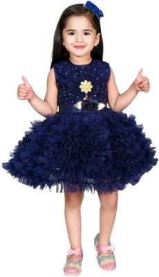 LITTLE MAMA Girls Midi/Knee Length Party Dress(Blue, Sleeveless)