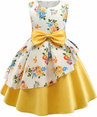 Flip The Style Girls Midi/Knee Length Party Dress(Yellow, Sleeveless)
