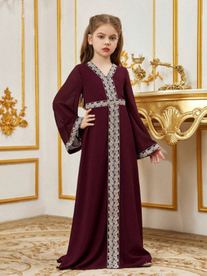 Charvi Girls Maxi/Full Length Party Dress(Maroon, Full Sleeve)