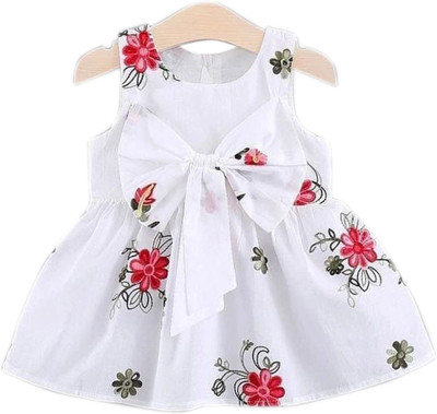 AKD FASHION Indi Girls Midi/Knee Length Casual Dress(White, Sleeveless)