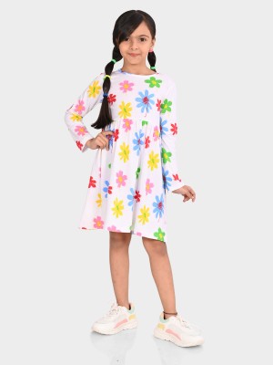 BONKIDS Girls Above Knee Casual Dress(White, Full Sleeve)