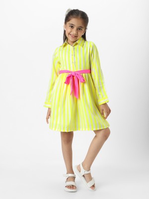 NautiNati Indi Girls Midi/Knee Length Casual Dress(Yellow, Full Sleeve)