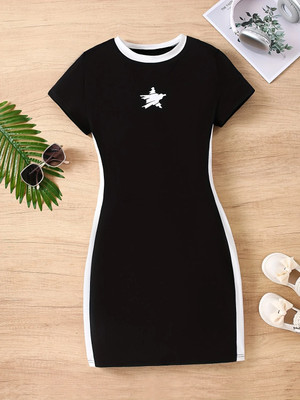 WHITEWORLD Girls Above Knee Casual Dress(Blue, Short Sleeve)