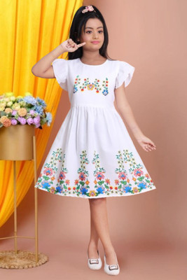 Funnyboo Girls Below Knee Party Dress(White, Short Sleeve)