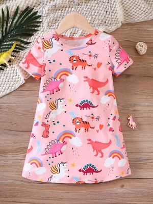 Miss & Chief Girls Above Knee Casual Dress(Pink, Short Sleeve)