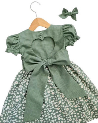 MANSI FASHION Girls Midi/Knee Length Casual Dress(Green, Short Sleeve)