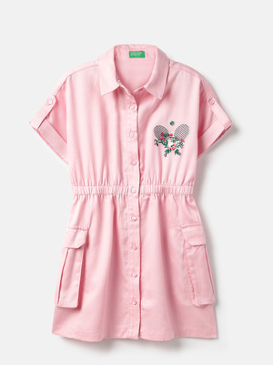 United Colors of Benetton Girls Midi/Knee Length Casual Dress(Pink, Short Sleeve)