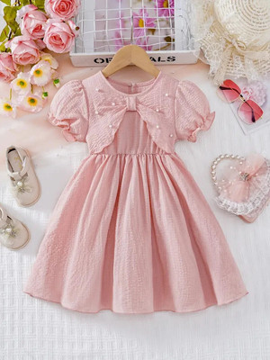 MENSBIT Girls Midi/Knee Length Party Dress(Pink, Half Sleeve)