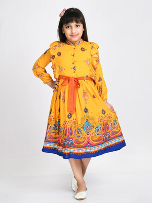 Bella Moda Indi Girls Midi/Knee Length Casual Dress(Yellow, Full Sleeve)