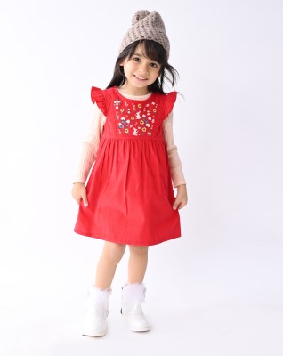 BEEBAY Indi Girls Midi/Knee Length Casual Dress(Red, Cap Sleeve)