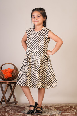 FabJunior Indi Girls Midi/Knee Length Casual Dress(Beige, Sleeveless)