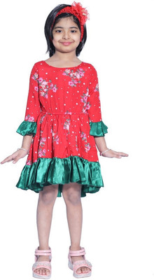 Wish Littles Girls Midi/Knee Length Party Dress(Red, 3/4 Sleeve)