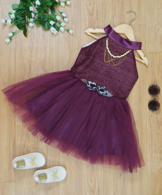 BISAL Girls Midi/Knee Length Party Dress(Purple, Sleeveless)