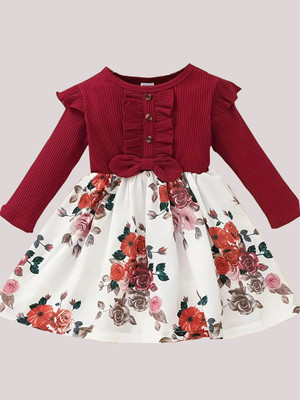 PATALAM Baby Girls Midi/Knee Length Party Dress(Maroon, White, Full Sleeve)