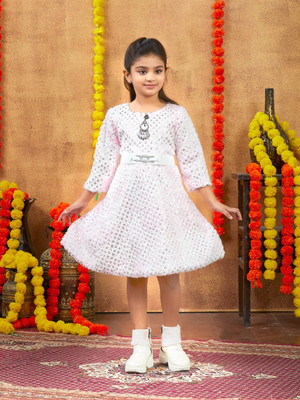 MUHURATAM Indi Girls Midi/Knee Length Party Dress(Pink, 3/4 Sleeve)