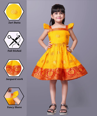 HouseOfCommon Girls Above Knee Festive/Wedding Dress(Yellow, Cap Sleeve)