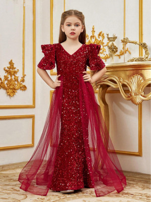 FOLENNE Girls Maxi/Full Length Party Dress(Maroon, Fashion Sleeve)