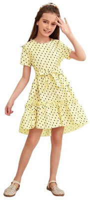 VARDA CREATION Girls Midi/Knee Length Casual Dress(Yellow, Short Sleeve)