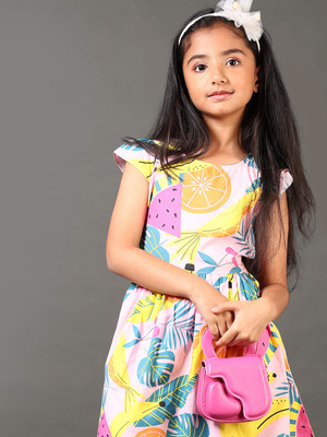 V-MART Girls Midi/Knee Length Casual Dress(Pink, Cap Sleeve)