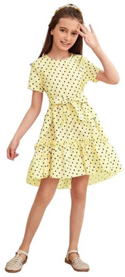 Ksaliya Enterprise Girls Midi/Knee Length Casual Dress(Yellow, Short Sleeve)