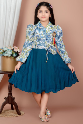 ChromaFashion Girls Midi/Knee Length Casual Dress(Blue, 3/4 Sleeve)