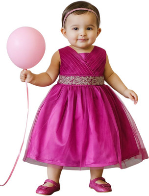 TotzTouch Girls Midi/Knee Length Party Dress(Pink, Sleeveless)