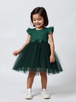 NautiNati Indi Girls Midi/Knee Length Party Dress(Green, Short Sleeve)
